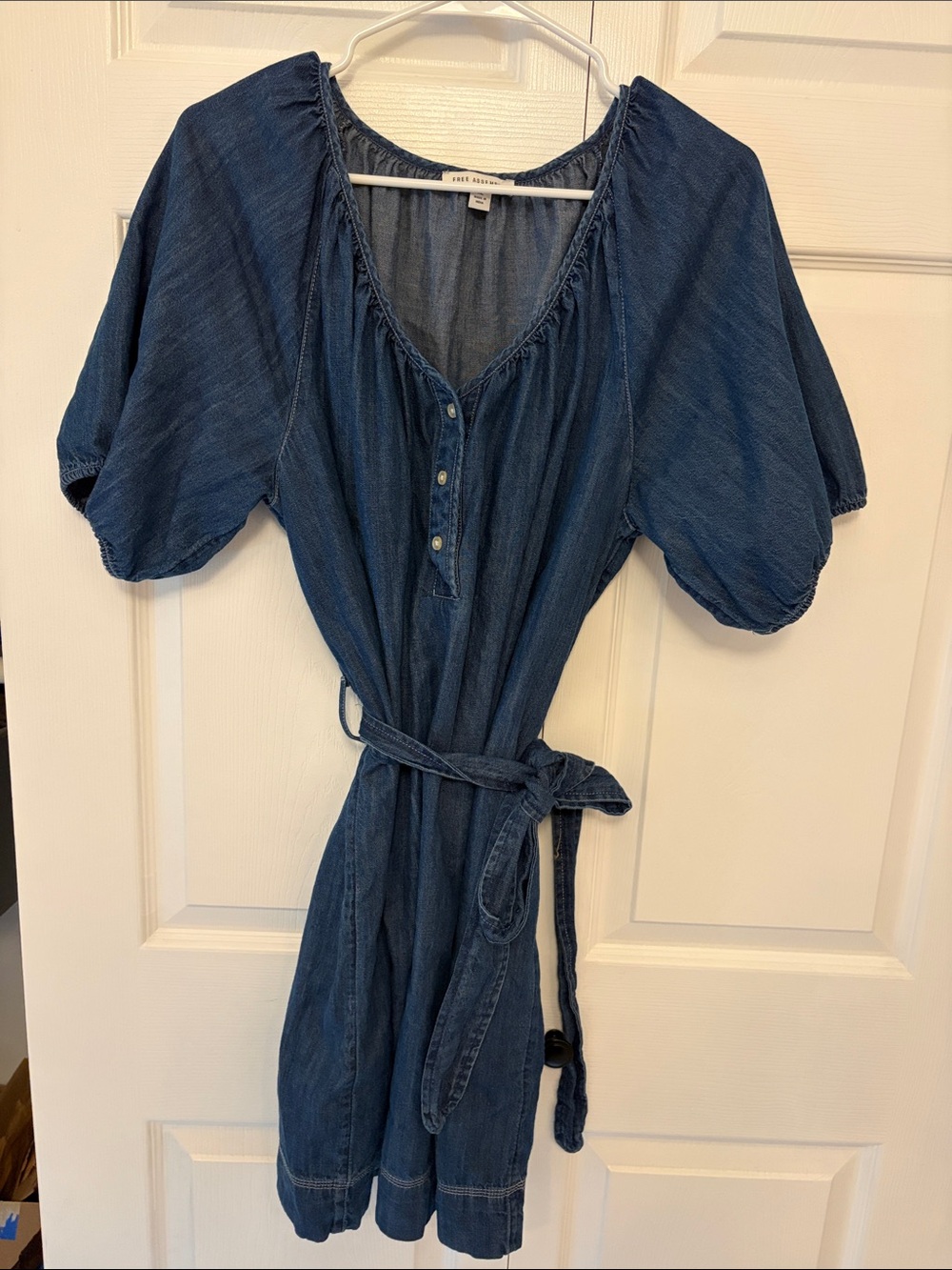 Denim-Effect Puff Sleeve Mini Dress with Tie Waist